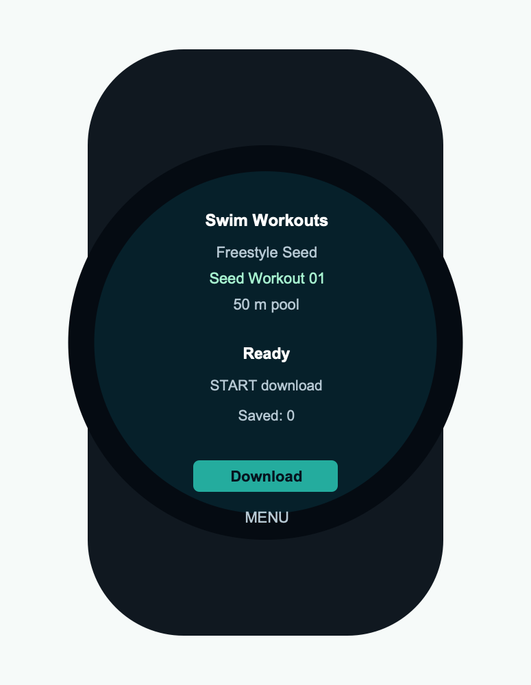 Swim Workouts ready state on a Garmin watch mock screenshot.