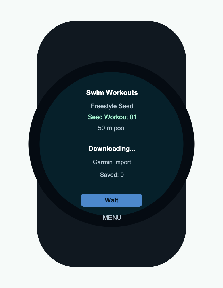 Swim Workouts downloading state on a Garmin watch mock screenshot.