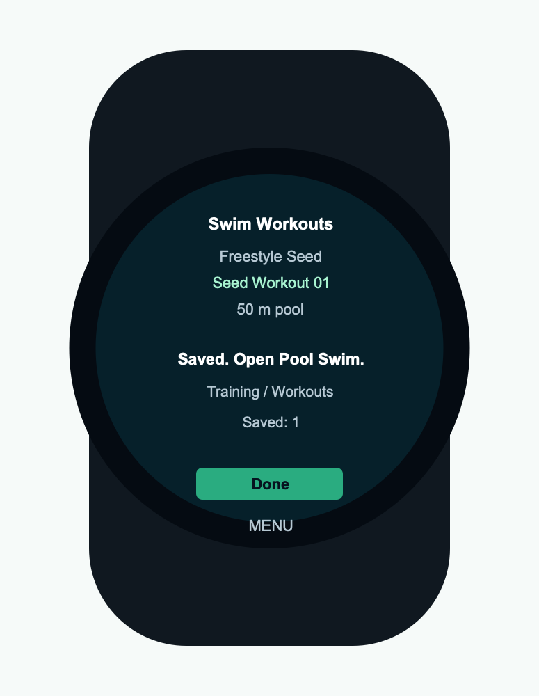 Swim Workouts saved state on a Garmin watch mock screenshot.