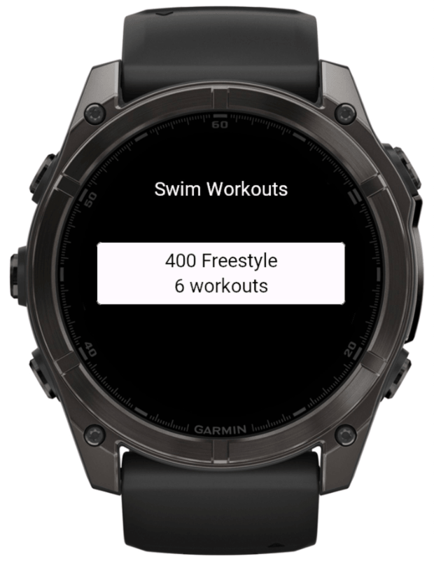 Swim Workouts plan selection on a Garmin Fenix watch.