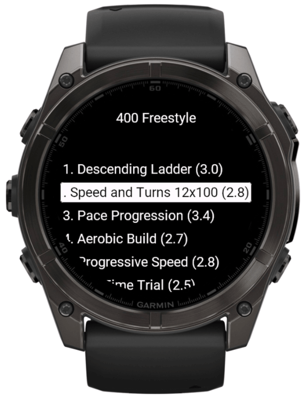 Swim Workouts 400 Freestyle workout list on a Garmin Fenix watch.
