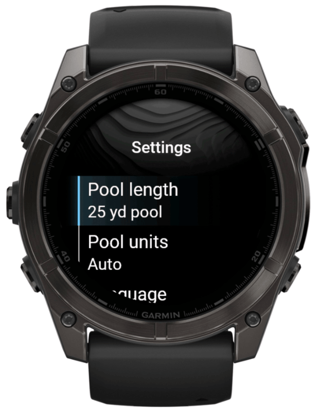 Swim Workouts settings menu with pool length and pool units on a Garmin Fenix watch.