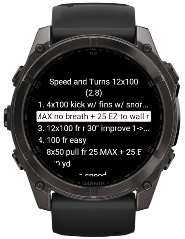 Swim Workouts step list for Speed and Turns on a Garmin Fenix watch.