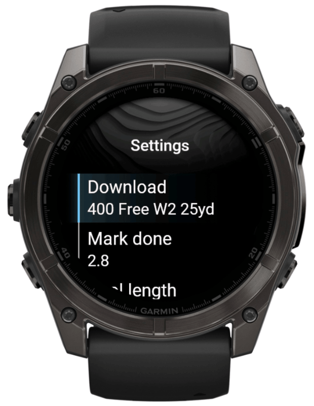 Swim Workouts action menu on a Garmin Fenix watch.