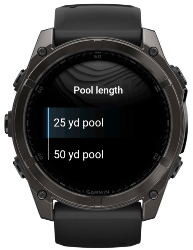 Swim Workouts pool length selector with yard pool options on a Garmin Fenix watch.